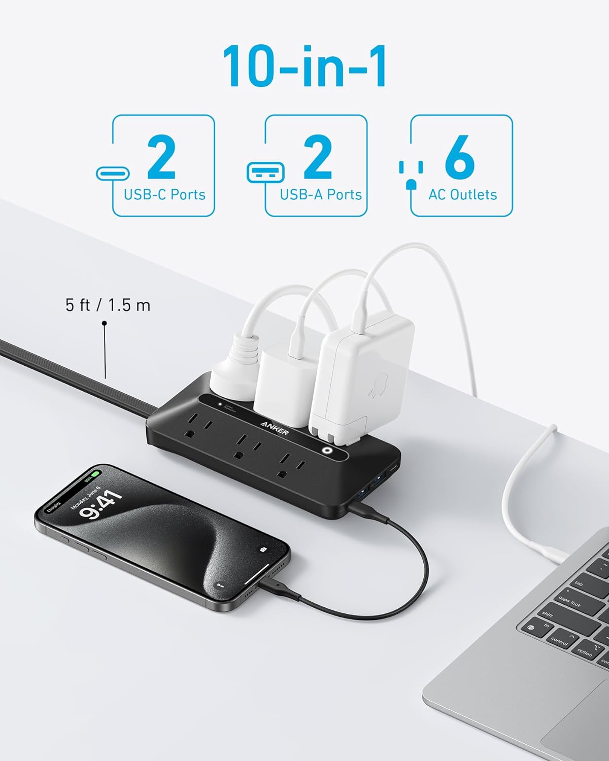 Anker 10-in-1 Flat Plug Power Strip – 6 AC Outlets, 2 USB-A & 2 USB-C Ports, 5Ft Extension Cord Desk Charging Station for Home & Office