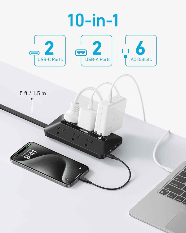 anker 300j flat plug 10-in-1 ultra thin power strip with 6 ac and 3 usb ports, extension cord, desk charging station, 5 feet, black