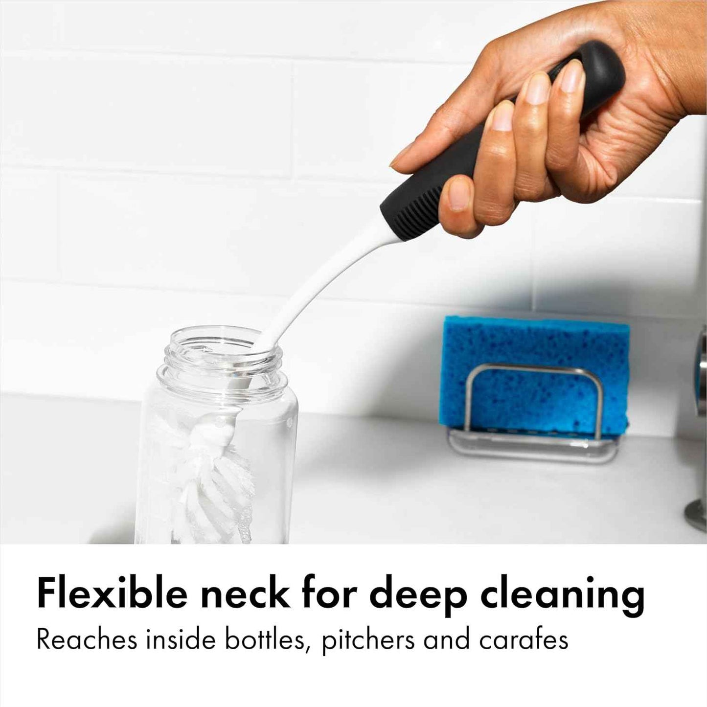 OXO Good Grips Bottle Brush, Dual-Bristle Cleaning for Bottles, Pitchers and Carafes, Flexible Neck Scrub Brush, Safe for Stemware and Delicate Glassware, Dishwasher Safe