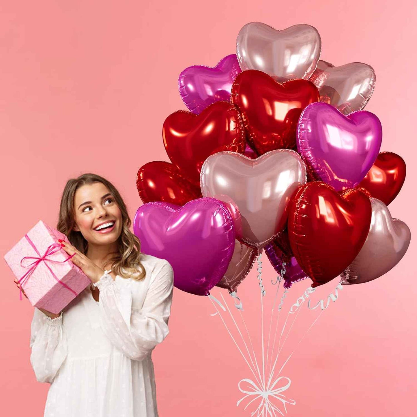 15 Pcs Red Heart Shaped Balloons, 18 Inch Hot Pink Valentines Balloons Rose Gold Foil Heart Balloon for Birthday Bridal Shower Engagement Wedding Valentine Party Decorations