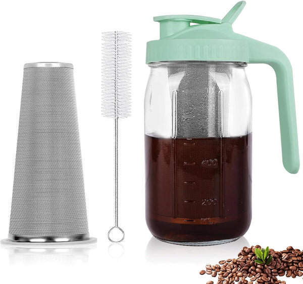 64 oz Mason Jar Pitcher with Stainless Steel Filter for Iced Coffee and Tea