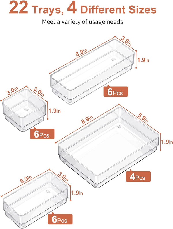 22-piece drawer organizer set with non-slip silicone pads and clear desk trays