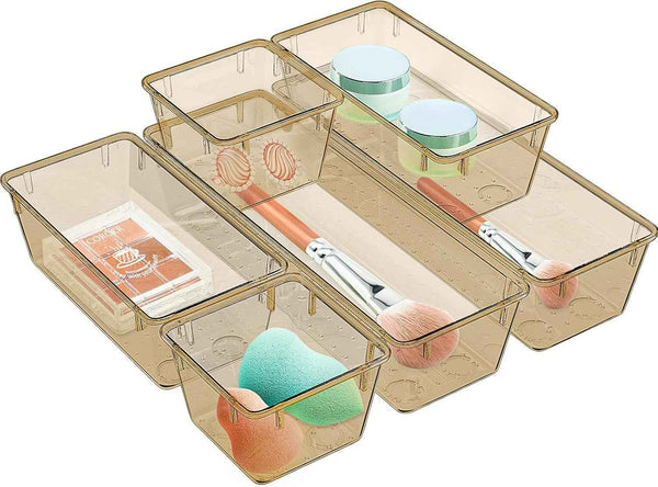 WOWBOX 6 Pack Clear Drawer Organizer Set, Acrylic Drawer Storage Trays, Storage Bins for Makeup, Cosmetics, Jewelries, Utensils, Gadgets, Office