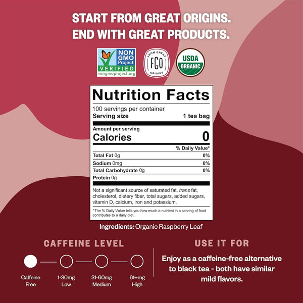 FGO Organic Red Raspberry Leaf Tea Bags, 100 Eco-Conscious Tea Bags, Caffeine Free, Imported from Germany
