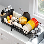 Adjustable dish drying rack for kitchen countertops, multifunctional with utensil and cup holder