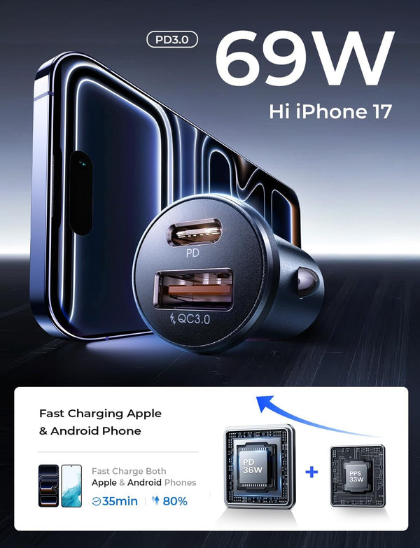 69W Dual Port Car Charger with USB C and USB A Ports