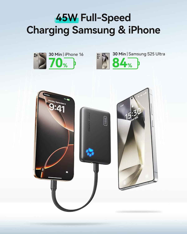 INIU Portable Charger Ultra Slim 45W Fast Charging with 10000mAh PD Power Bank Battery Pack and Attached USB C Cable