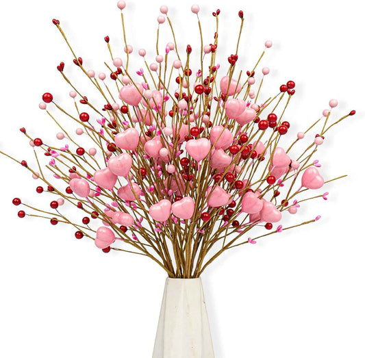 J'FLORU Valentine's Day Gifts Valentines Day Decorations 24 Pack Pink Heart Shaped Berry Picks with Red Berries for Valentines Day Wedding Candlelight Dinner Anniversary