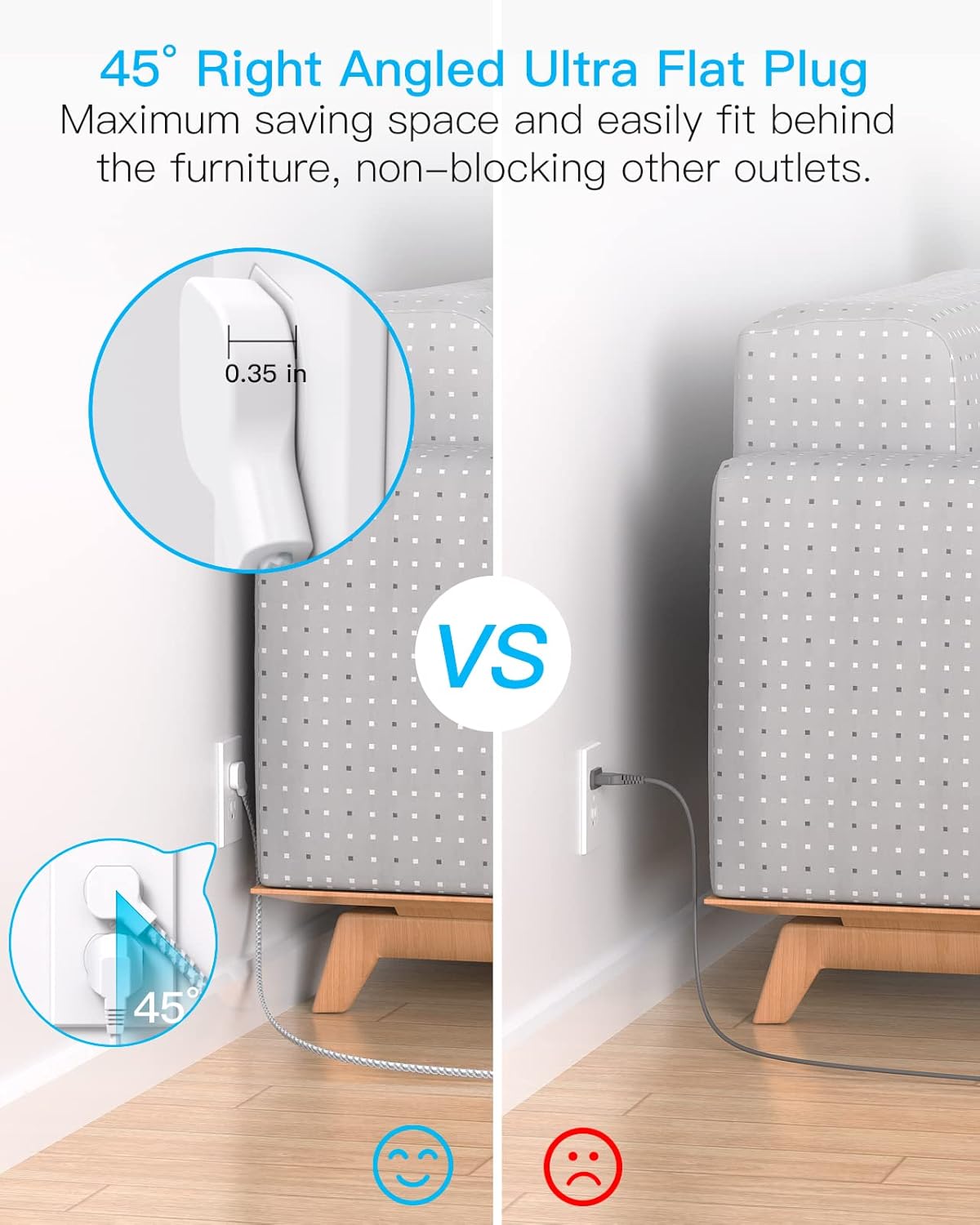 Flat Plug Power Strip – 5Ft Ultra Flat Extension Cord with 3 Outlets & 4 USB Ports (2 USB-C), 22.5W Desktop Charging Station for Cruise & Travel