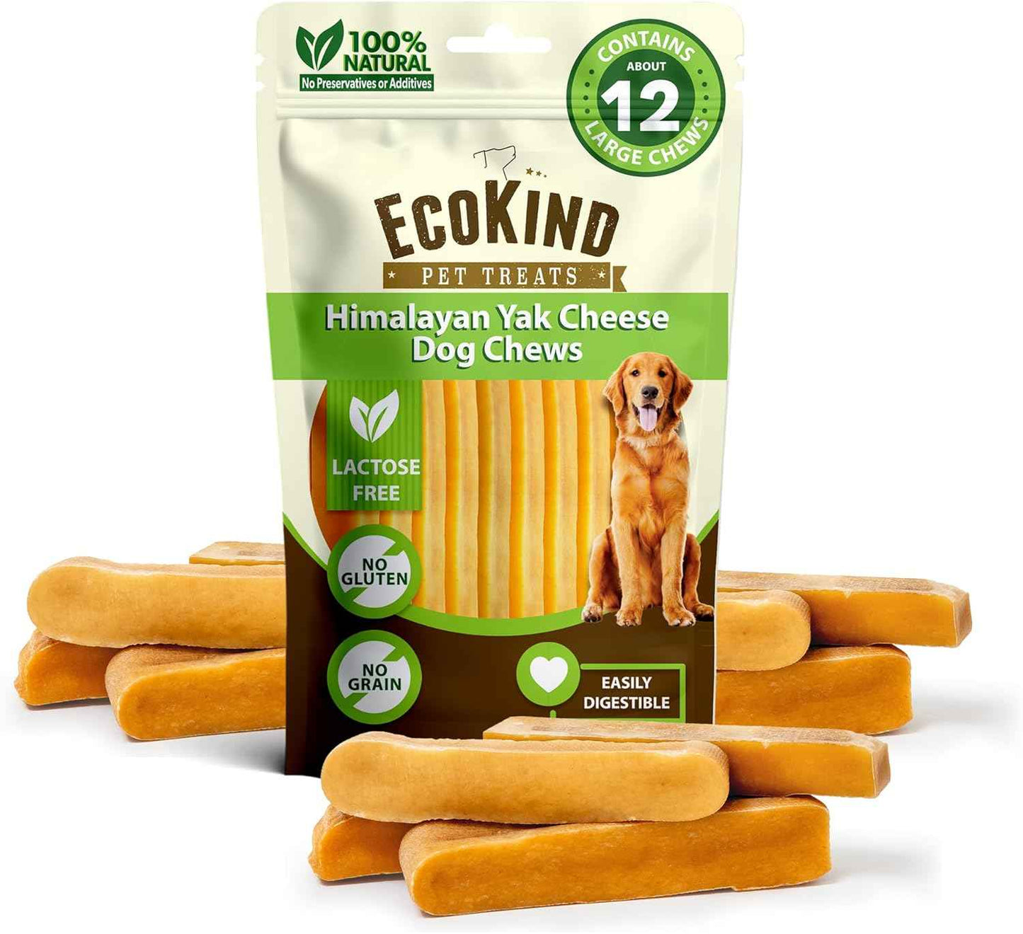 EcoKind Premium Gold Yak Cheese Himalayan Dog Chews, Dog Treats Large Breed, All Natural, High Protein, for Aggressive Chewers, Large - 4 Chews (1 lb)