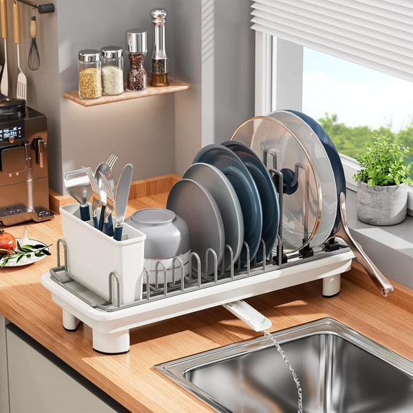 SanDream Small Dish Drying Rack with Removable Utensil Holder & Anti-Scratch Base