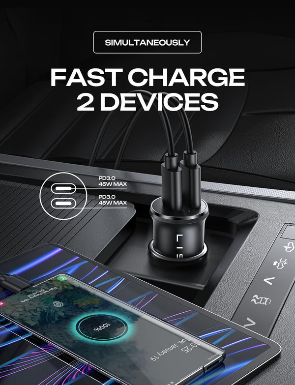 Dual USB-C Car Charger with 90W Power Delivery for iPhone and Samsung