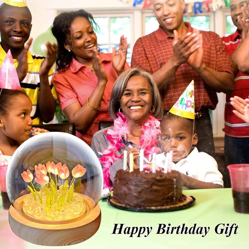 Birthday Gift for Women, Flower Night Light USB Tulip Table Lamp with Wooden Base and Glass Cover for Home Decor Ideal Anniversary Christmas Gift for Mother Wife Sister Daughter Girlfriend and Kids