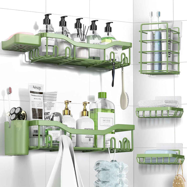 Shower Caddy Adhesive Shower Organizer 7-Pack, Rustproof Stainless Steel Bathroom Shelves, Large Capacity No-Drill Rack Storage Accessories with Soap Dish Toothbrush Holder &24 Hooks Home Decor