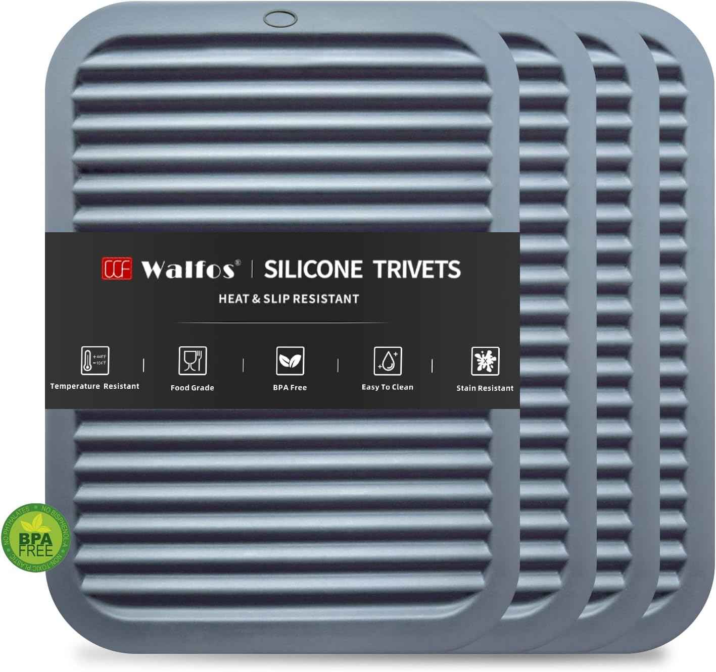 Walfos Silicone Trivet Mats - 4 Heat Resistant Pot Holders, Multipurpose Non-Slip Hot Pads for Kitchen Potholders, Hot Dishers, Jar Opener, Spoon Holder, Food Grade Silicone & BPA Free (Black)