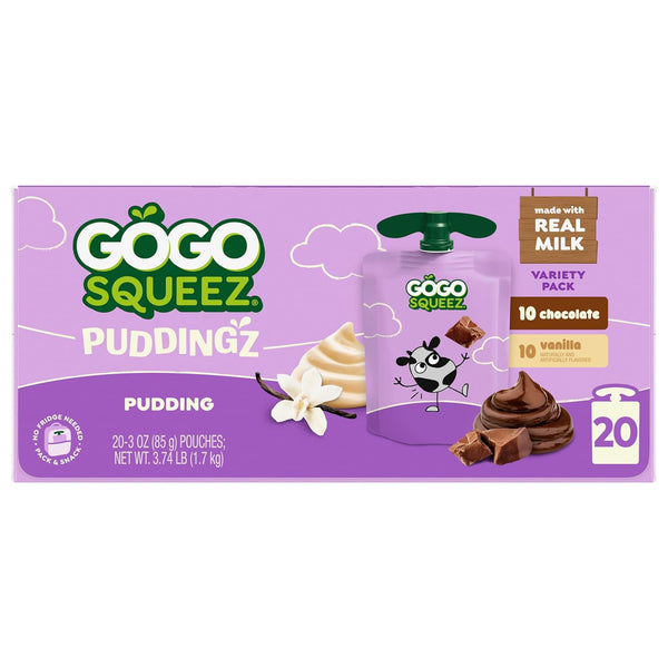 GoGo squeeZ PuddingZ Variety Pack, Chocolate and Vanilla Pudding Snack, 20 Pouches, BPA Free