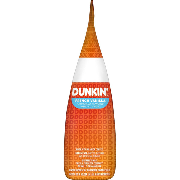 Dunkin' Donuts French Vanilla medium roast coffee, 12 Oz bag, ground, artificially flavored, versatile brewing, at home
