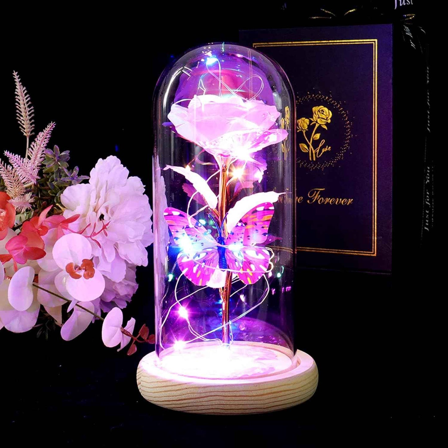 Beferr Gifts for Women Mom Birthday Gifts, Galaxy Glass Rose Forever Preserved Flowers for Delivery Prime Light Up Rose in Glass Dome Valentines Rose Gifts for Her Wife Daughter Girlfriend