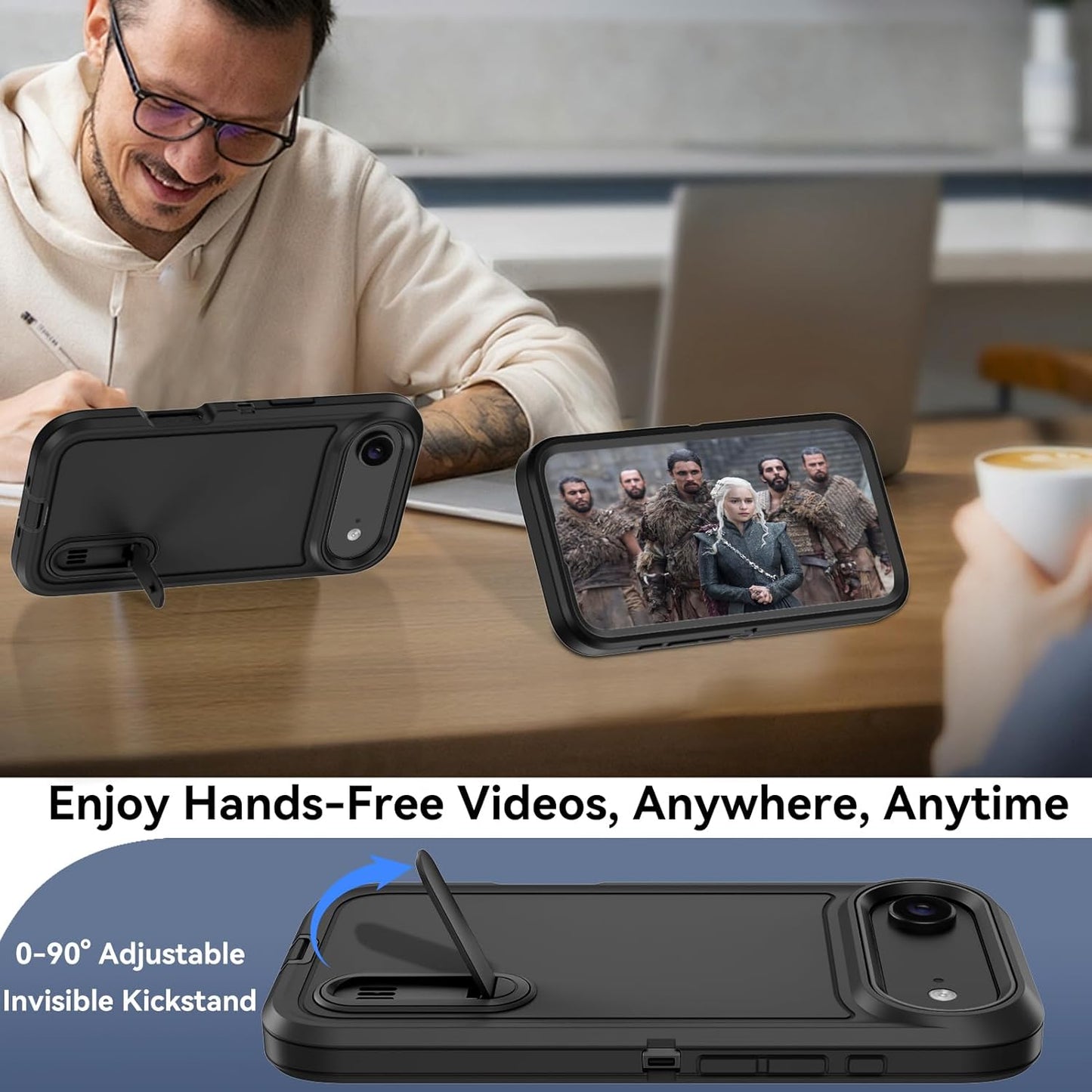 for iPhone 17 Air Case with Built-in Invisible Kickstand,[2*Screen Protector] Military-Grade Protection Shockproof Protective Cover,Hard Back Stand Phone Case for iPhone 17 Air (Black)