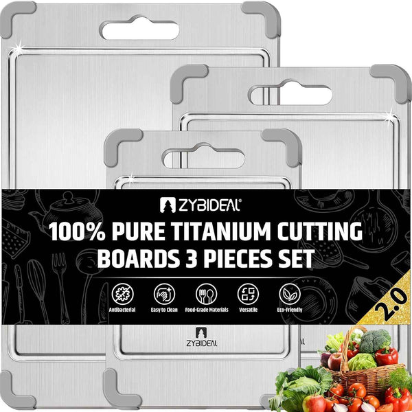 100% Pure Titanium Cutting Board Set with Grooves, Double Sided, Anti-Slip, Kitchen Stainless