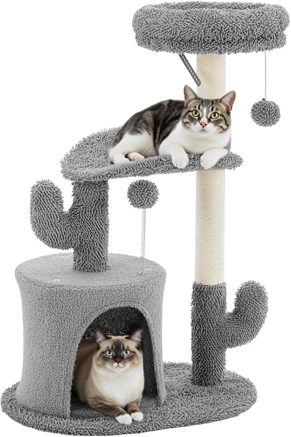 grey 33 inch multi-level cat tree tower with scratching posts and perches for indoor cats