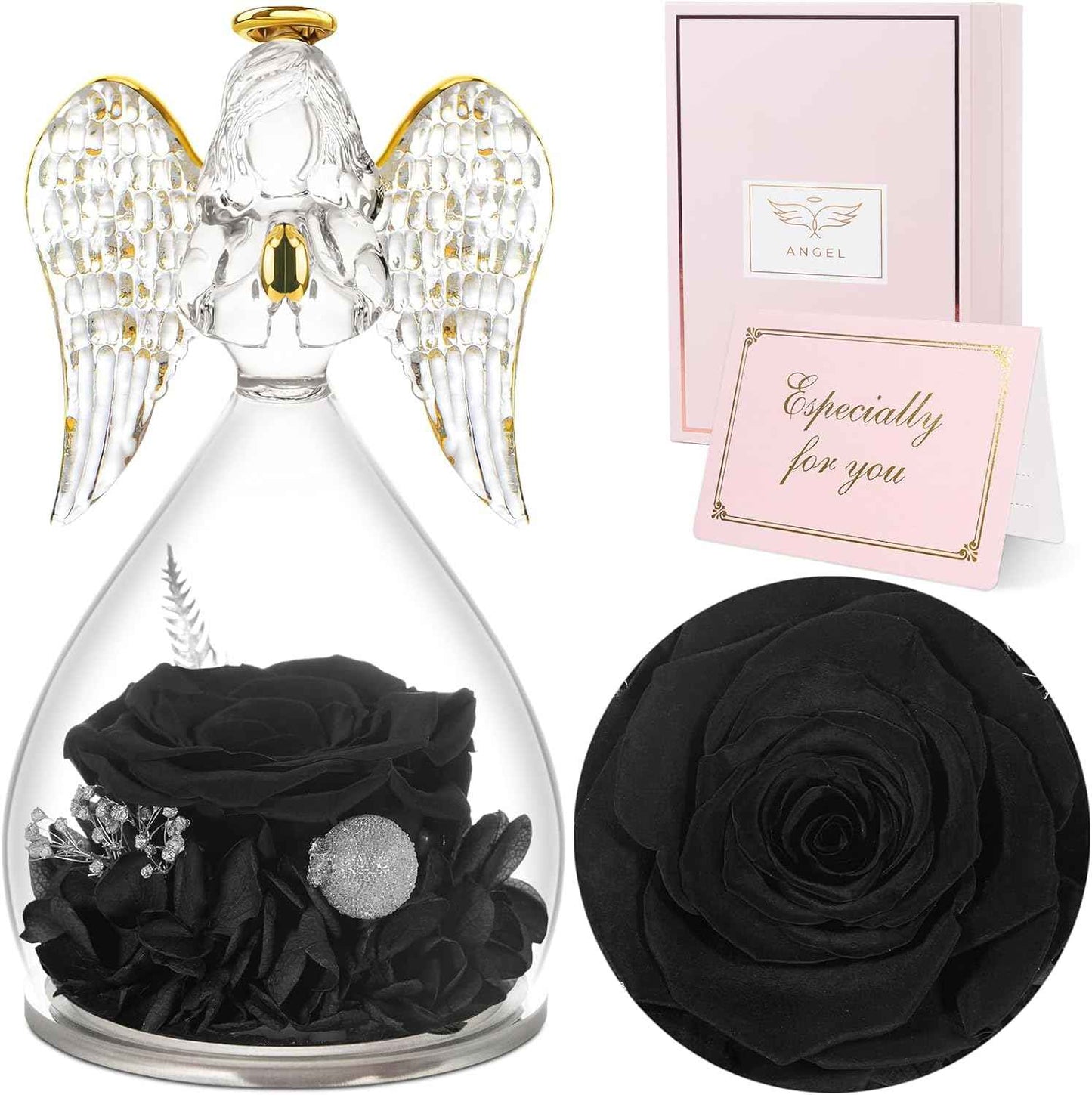Sunia Valentines Day Rose Gifts for Women, Birthday Gifts for Mom Grandma, Forever Preserved Flower in Glass Angel Figurines Flowers for Delivery Prime, Mothers Day Real Roses for Her Wife