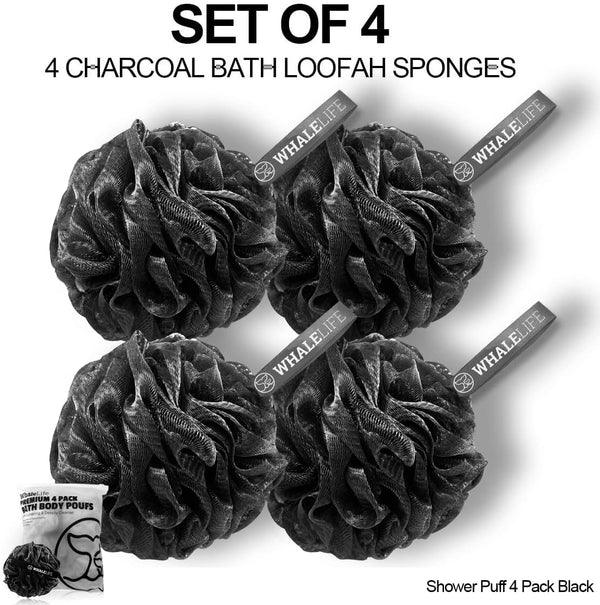 WhaleLife Shower Puff 4 Pack Black Bath Sponge Loofahs Pouf for Sensitive Skin