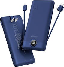VEGER Portable Charger with Built-in AC Plug and Cables, All in One 10000mAh Ultra Slim Power Bank Emergency Fast Charging for Travel Battery Pack Compatible with iPhone, Samsung, Android, Navy