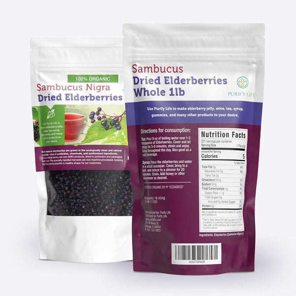 USDA Certified Organic Dried Elderberries 1lb Bulk Non Irradiated Non GMO Whole Black Elderberry