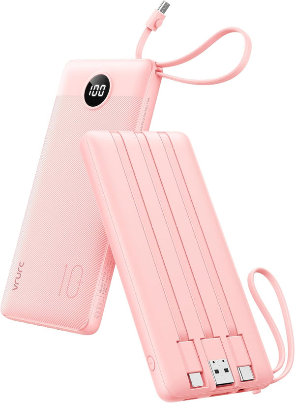 VRURC Portable Charger for iPhone, Built in Cables & Lanyard Power Bank 10000mAh, Compact USB C Charging Bank 5 Outputs for Multi Devices,Travel Essential for Hiking Camping Business Cruise Ship-Blue
