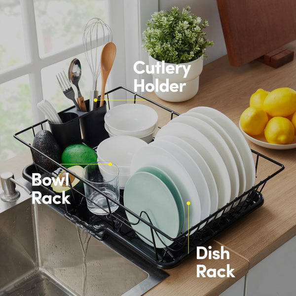 3-piece dish drainer rack set with cutlery holder for kitchen
