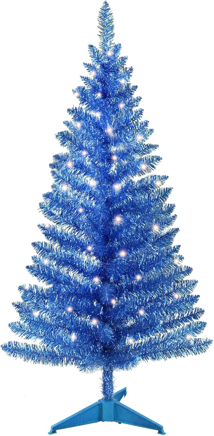 4ft Lighted Artificial White Christmas Tree | Leeheeyee Small Christmas Tree, Not Pre-lit White Tinsel Pine Trees with Lights, Ideal for Home, Office, and Xmas Tree Party Décor