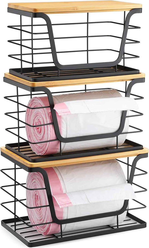 ALOCEO 2 Pack Storage Stackable Kitchen Laundry Organizers with Bamboo Top, Large Trash Bag Holder and Small Garbage Bag Dispenser for Countertop Organization