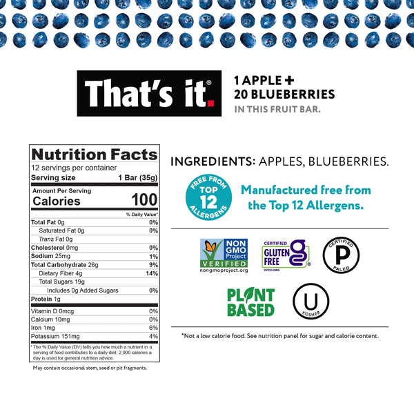 100% Natural Real Fruit Bar Variety Pack, High Fiber Vegan, Gluten Free, Non GMO, No Added Sugar, No Preservatives