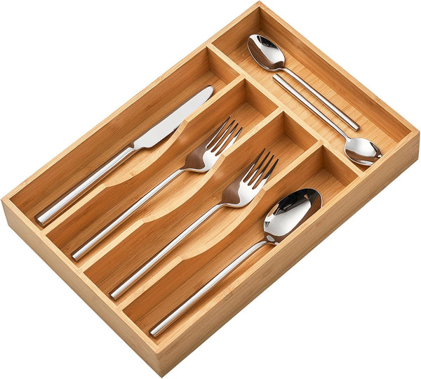 Bamboo kitchen drawer organizer for small drawers, 9 inch silverware tray holder