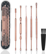 Hion 6 Pcs Extended Ear Wax Removal Kit,Professional Double-Headed Ear Pick Earwax Removal Tools,316L Stainless Steel Ear Cleaner Curette with Cleaning Brush and Storage Box,Suit for Kid Adult(Gold)