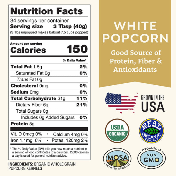 Organic White Popcorn Kernels Unpopped 3 lb Non-GMO Wisconsin Family Farm
