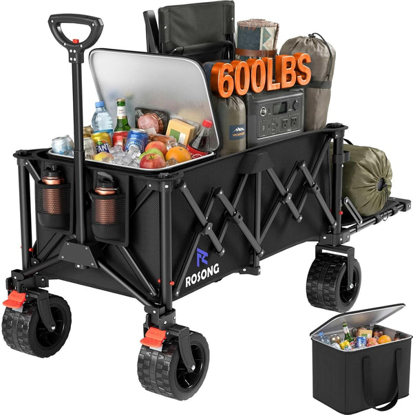 ROSONG Collapsible Wagon Cart with Wheels Foldable - Folding Utility Heavy Duty Wagons Carts for Grocery Sports Garden Shopping Camping Wheelbarrows (Black, 120L)