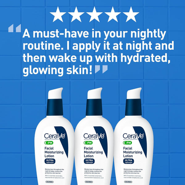 cerave pm facial moisturizing lotion, 3 ounce, night cream with hyaluronic acid and niacinamide, oil-free