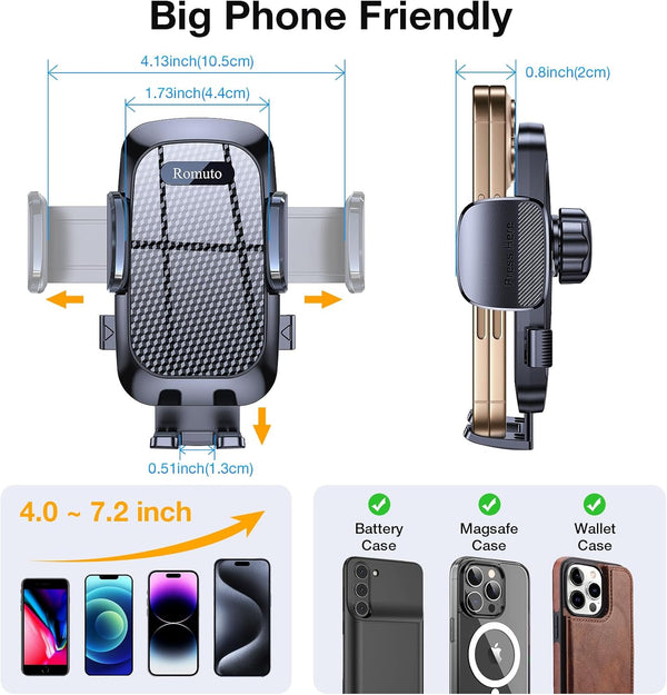 Phone holder for car dashboard, windshield, or vent with strong suction and adjustable arm