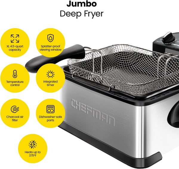 Chefman 4.5 Liter Deep Fryer w/Basket Strainer, XL Jumbo Size, Adjustable Temperature & Timer, Perfect for Fried Chicken, Shrimp, French Fries, Chips & More, Removable Oil-Container, Stainless Steel
