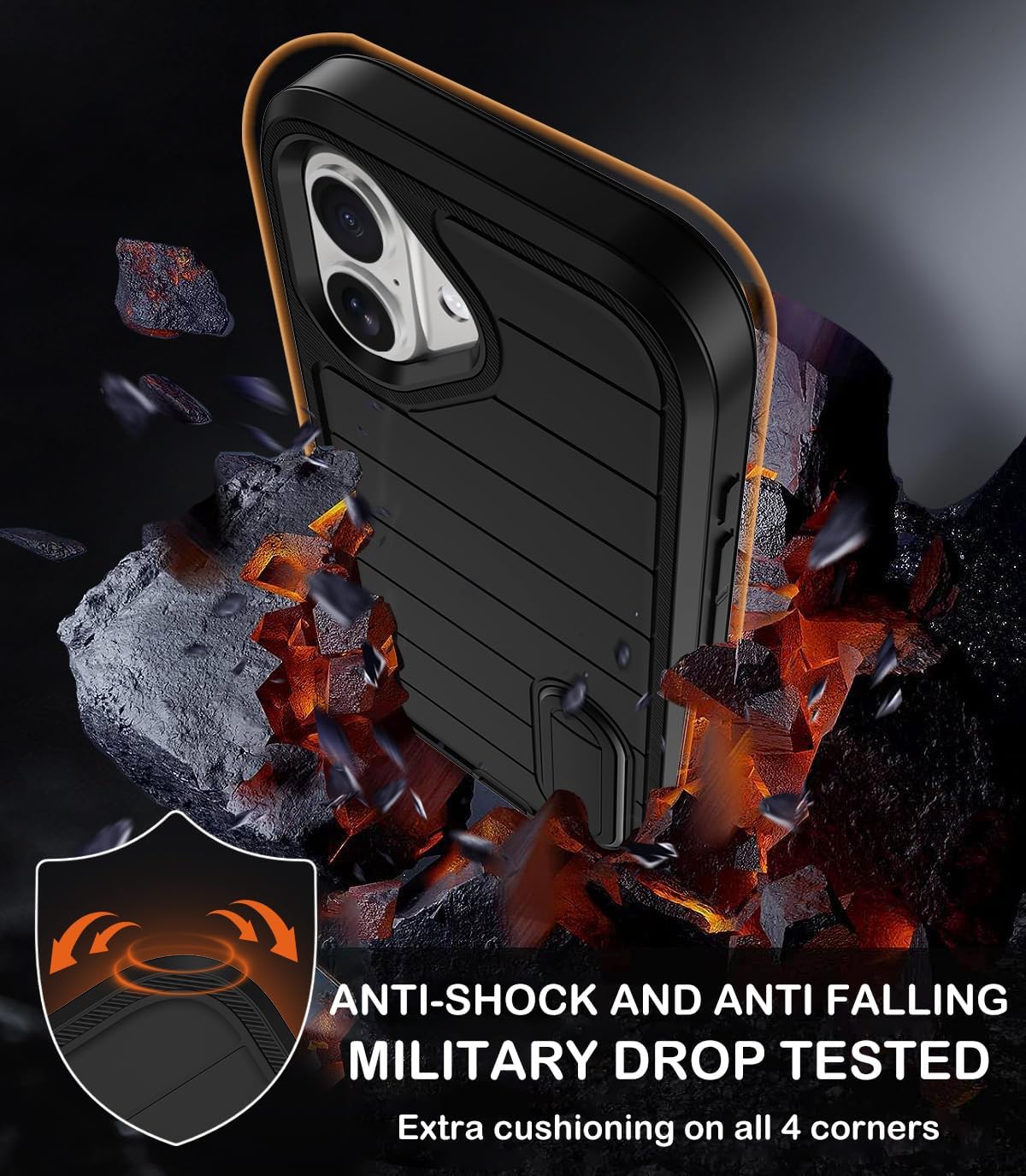 for iPhone 16 Case with 2 Screen Protectors,Heavy Duty Shockproof Drop Protection Military Grade Tri-Layer Rugged Cell Phone Cover with Built-in Invisible Kickstand 6.1“ (Black)