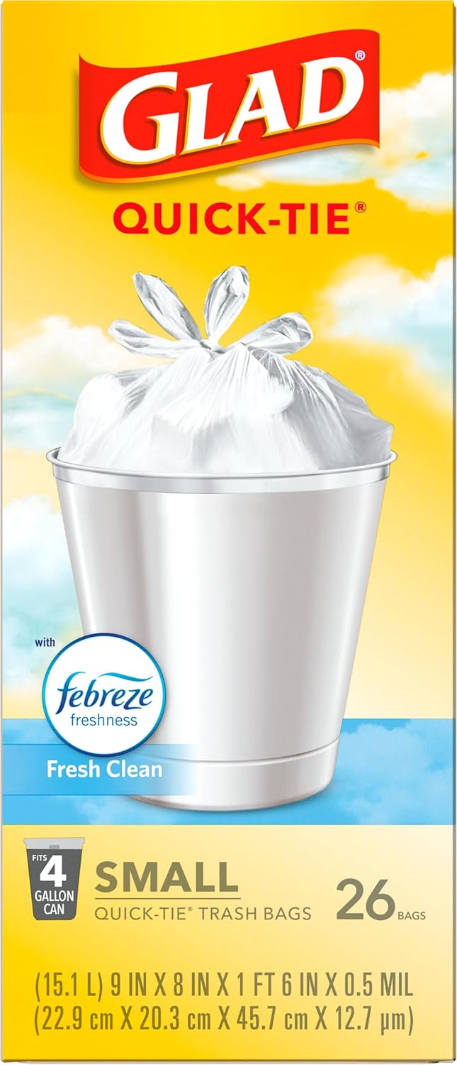 Glad Small Trash Bags 4 Gallon, Febreze Fresh Clean Garbage Bags, Odor Resistant with Quick Tie, 26 Count