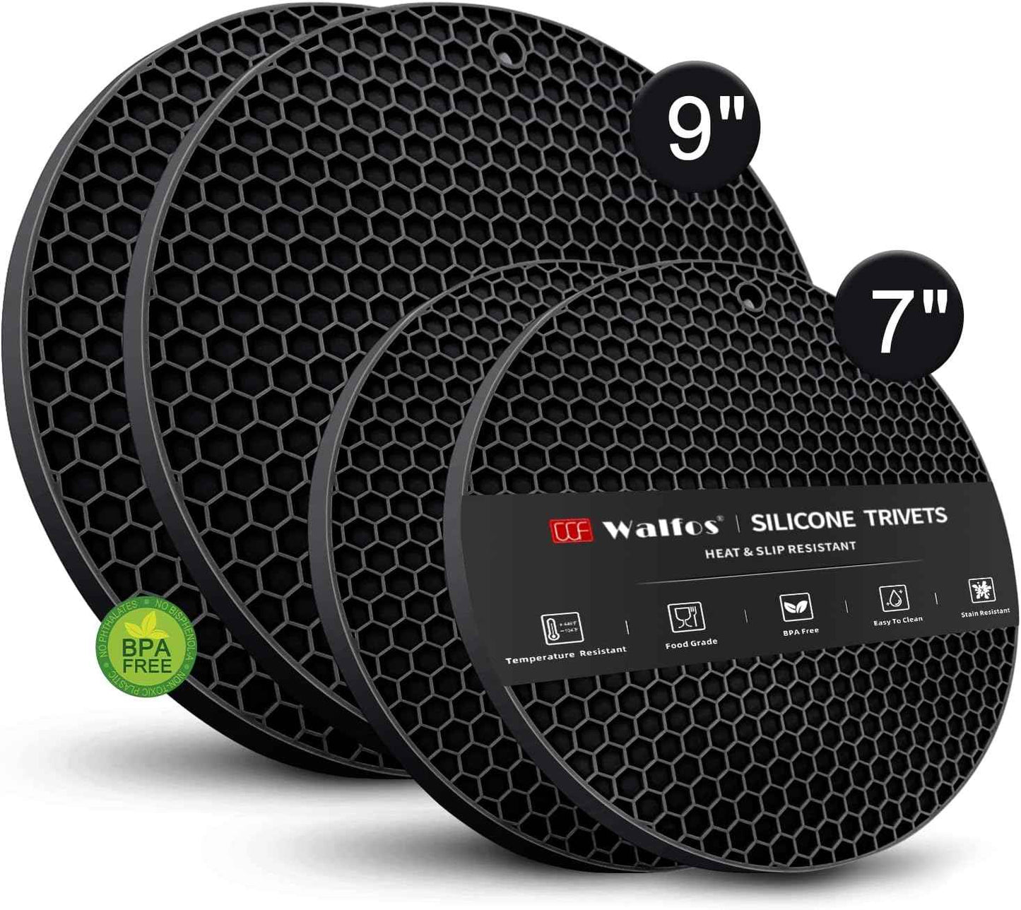 Walfos Silicone Trivet Mats - 4 Heat Resistant Pot Holders, Multipurpose Non-Slip Hot Pads for Kitchen Potholders, Hot Dishers, Jar Opener, Spoon Holder, Food Grade Silicone & BPA Free (Black)