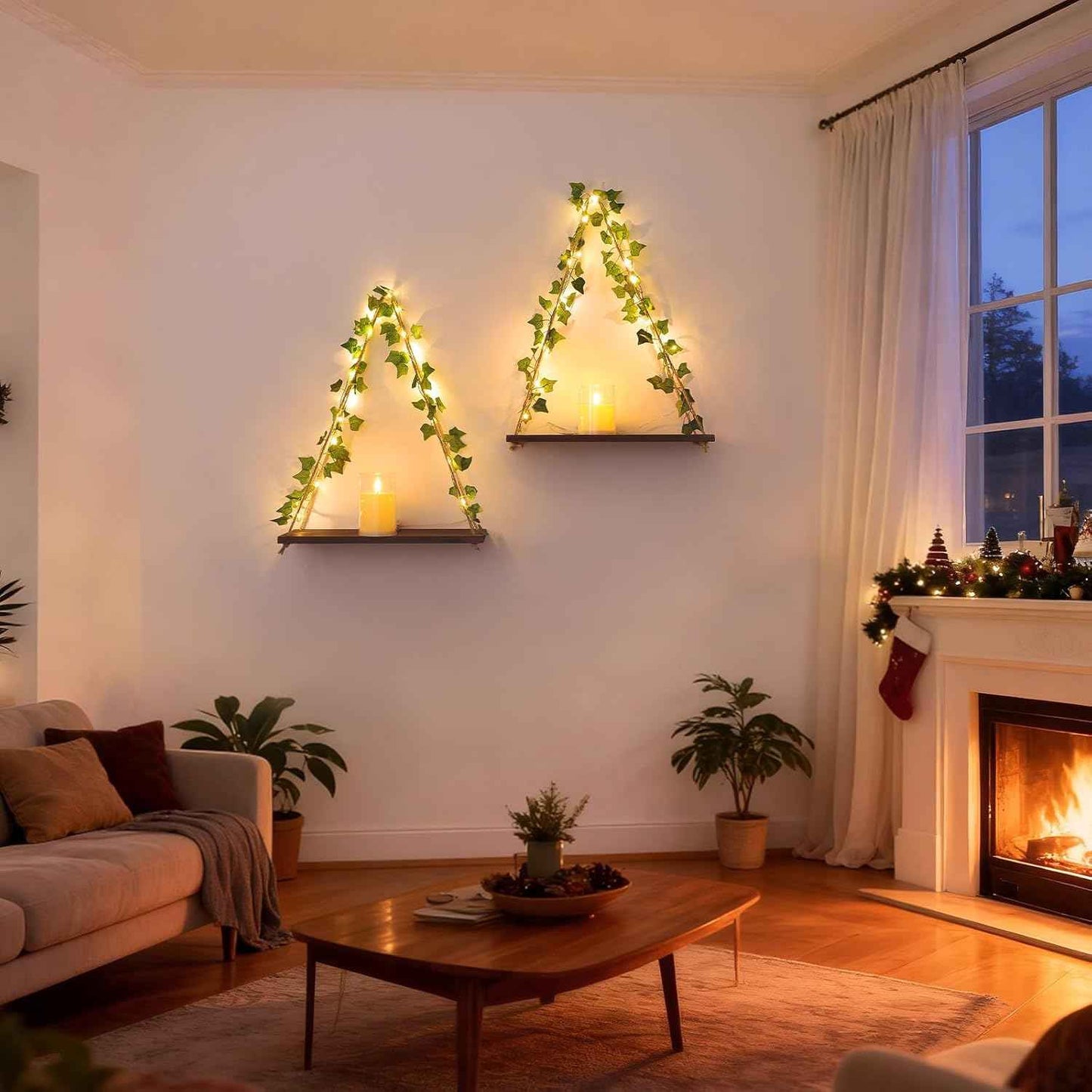 Floating Shelves for Wall, Hanging Shelves with Artificial Ivy LED String Light, No Drilling Hanging Shelf, Wood Hanging Plant Shelves for Wall Décor, Boho Decor, Art Bedroom, Set of 2