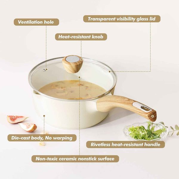 SENSARTE Ceramic Nonstick Sauce Pan with Lid, 3.0 Quart Saucepan with Double Spout, Large Cooking Pot, Non toxic Kitchen Sauce Pot, Non stick Saucier Pan, Induction Cookware, PFOA PTFE PFAS Free