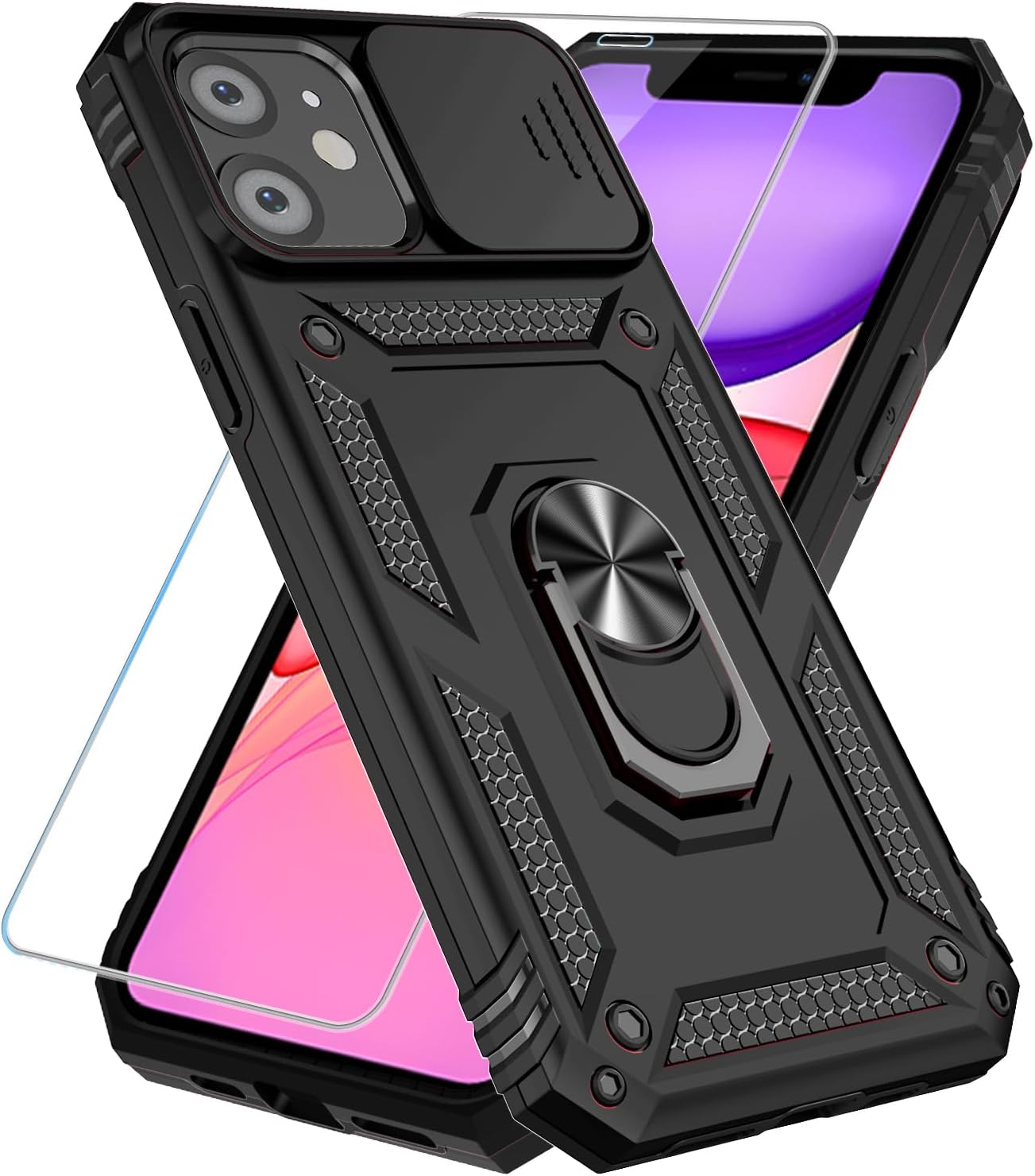 SunStory Phone Case for iPhone 16 6.1" with HD Screen Protector | Slide Camera Cover | Rotated Ring Kickstand | Military-Grade Protection | Red