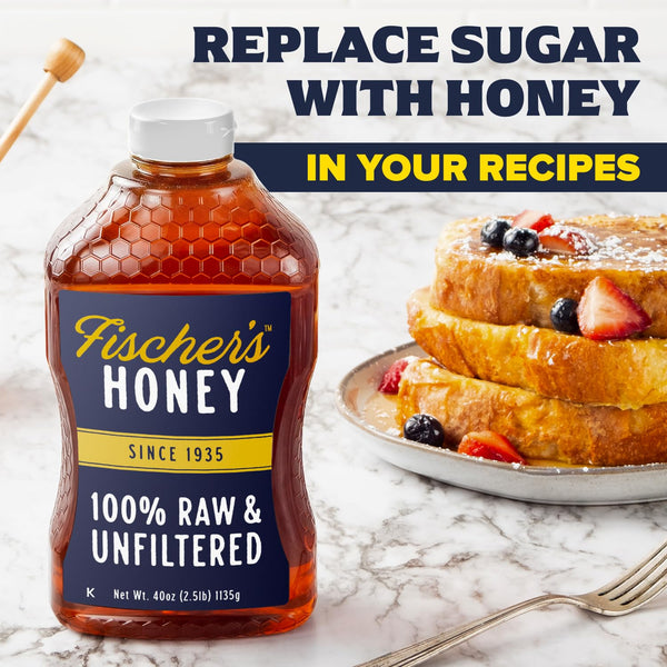 Fischer's 100% Pure Raw Unfiltered Honey - USA Made All-Natural Sweetener with Rich Flavor Profile and 40 oz Squeeze Bottle