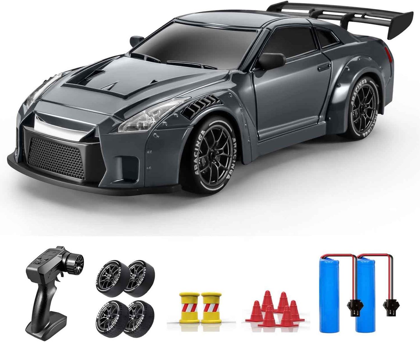 ACAMMZAR RC Drift Car, 1:24 Remote Control Car for Kids, 20KM/H 4WD High Speed RC Cars with LED Lights, Two Batteries, Extra Drifting Tires, Vehicle for Adults Boys Girls