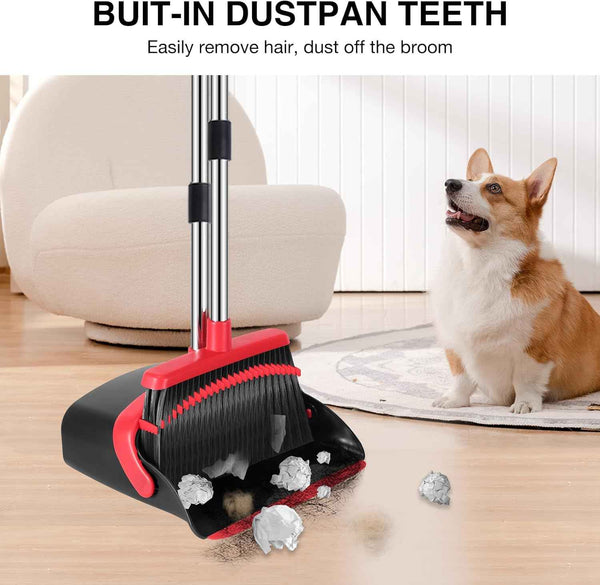 NACENA 52-Inch Adjustable Broom and Dustpan Set with Teeth for Hair Removal, Suitable for Home, Kitchen, Office, and Hall (Black & Red)